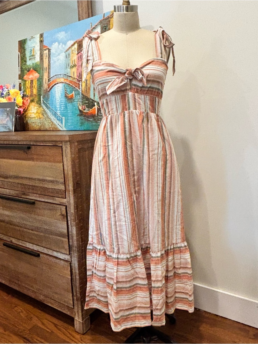 Lost + Wander Striped Peach Tie-Front Maxi Dress
